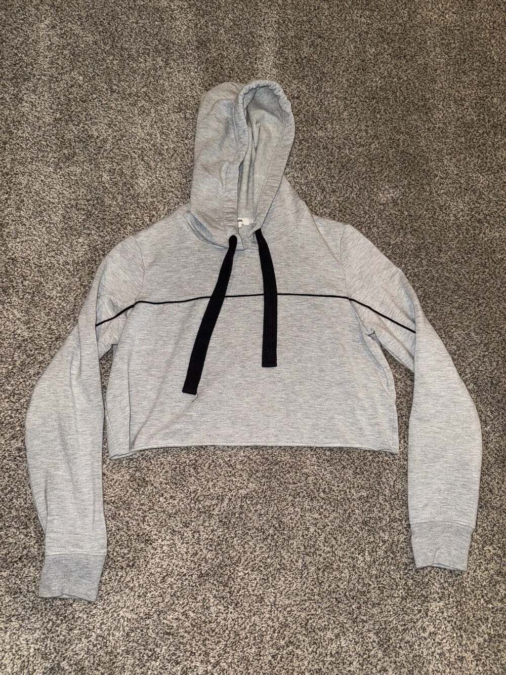 Garage Grey Cropped Hoodie with Black Drawstring and Striped Detail